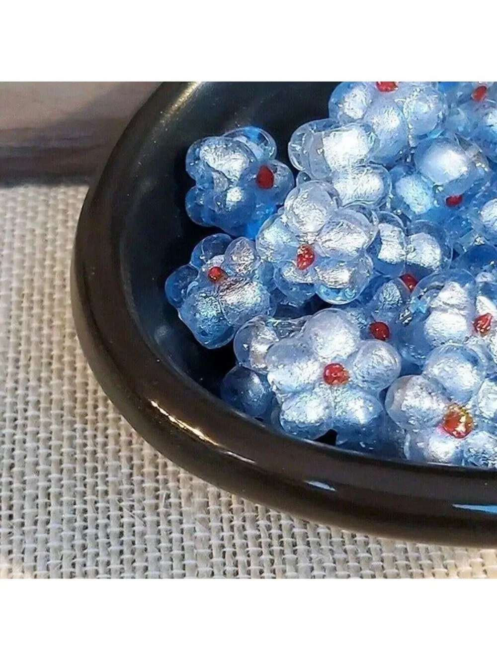 5 Vintage India Glass Icy Blue Flower Beads with Silver Foil